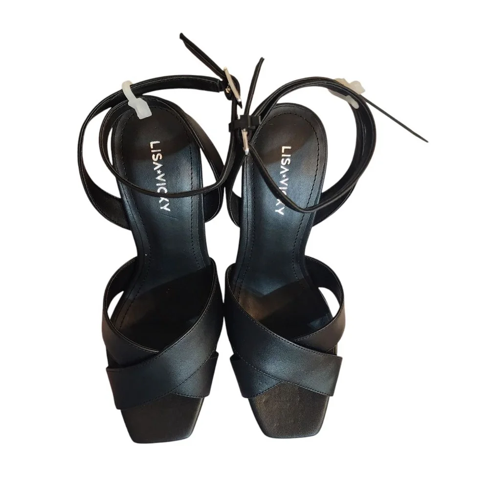 Lisa Vicky Black Leather Platform Strappy Heels Size 8, Nordstrom. New in Box